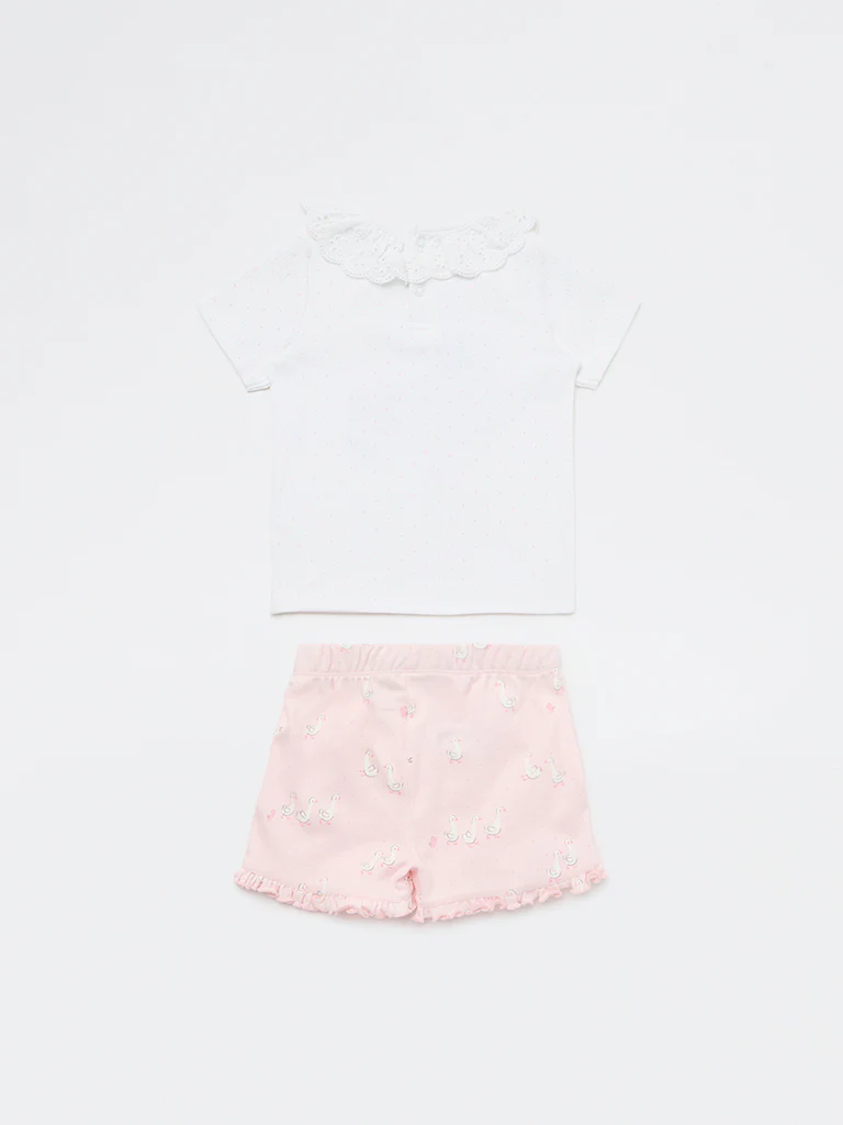 HOP Baby Girls White Printed Cotton T-Shirt and Shorts Set - Image 3