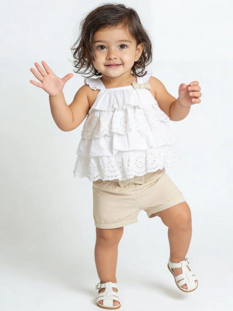 HOP Baby Girls White Schiffli Design Cotton Dress and Shorts Set