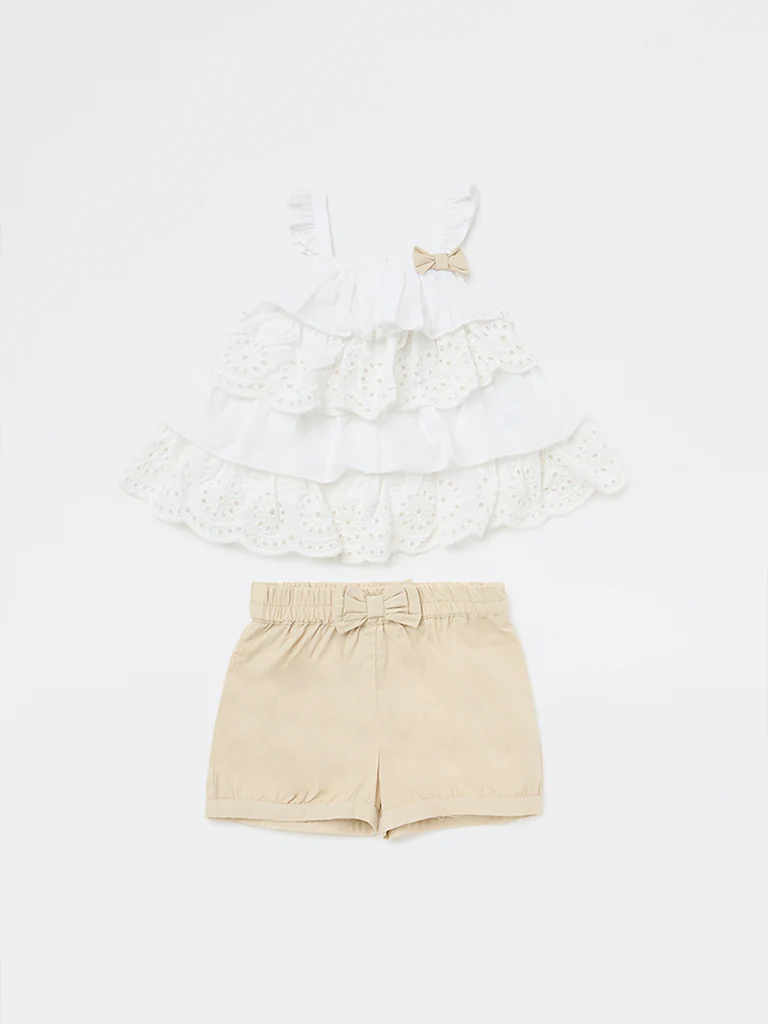 HOP Baby Girls White Schiffli Design Cotton Dress and Shorts Set - Image 2