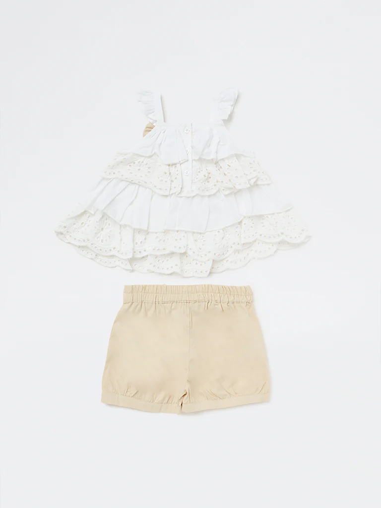 HOP Baby Girls White Schiffli Design Cotton Dress and Shorts Set - Image 3