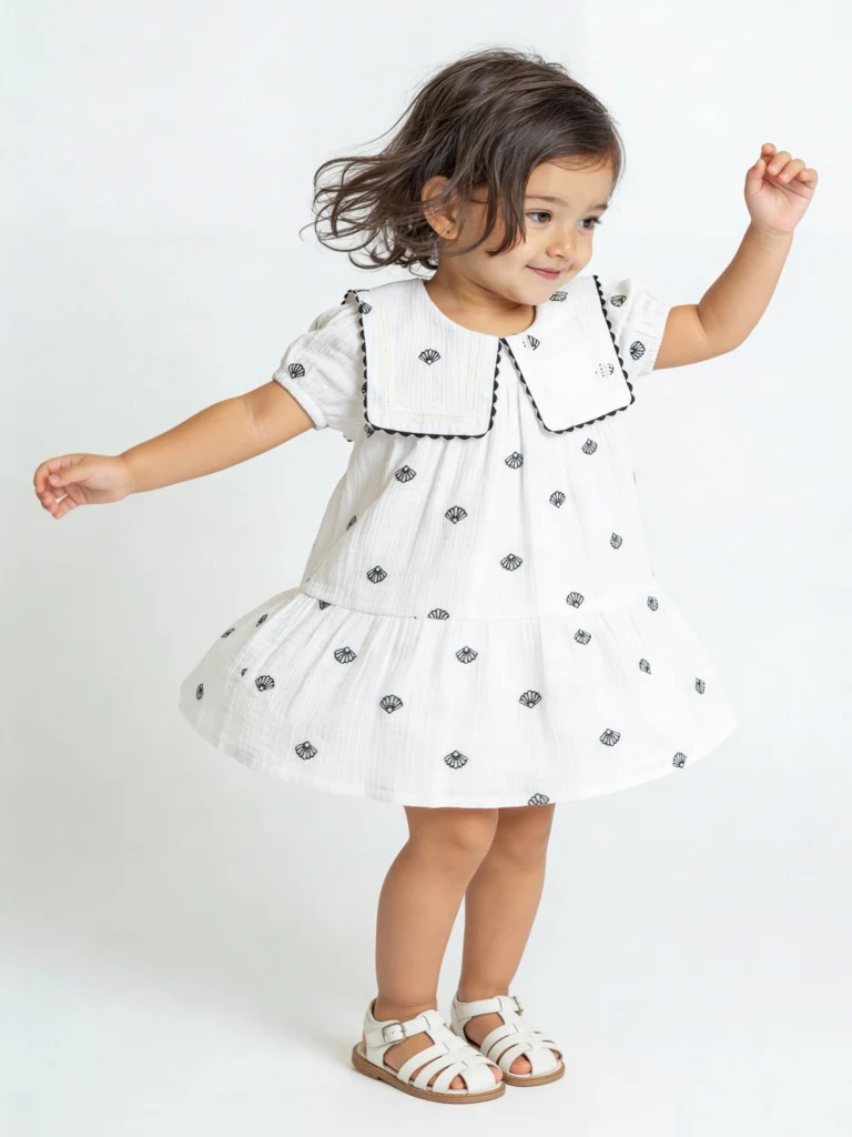 HOP Baby Girls White Shell Detailed A-Line Cotton Dress