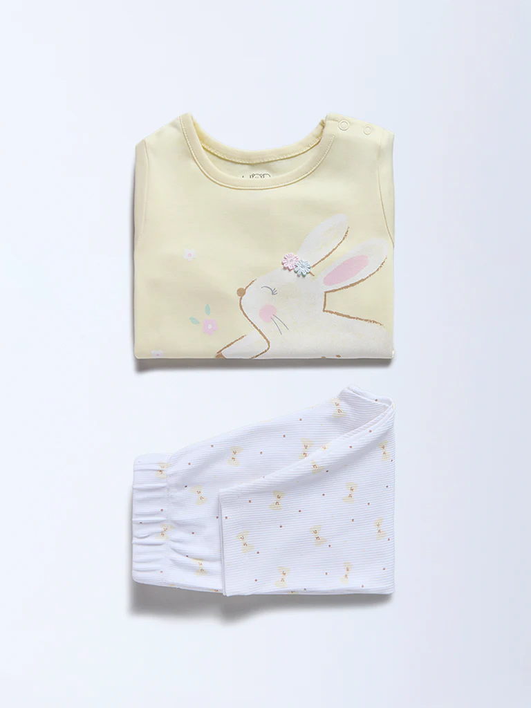 HOP Baby Girls Yellow Animal Design Cotton T-Shirt and Pants Set - Exclusive - Image 2