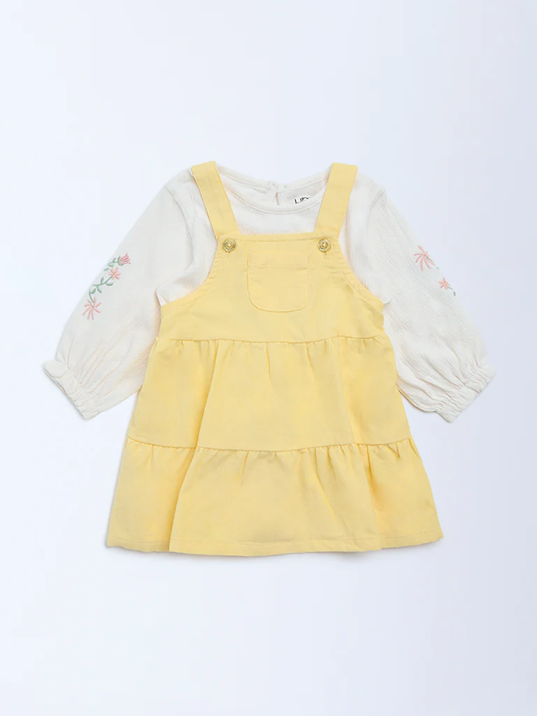 HOP Baby Girls Yellow Cotton Pinafore and Top Set - Image 2