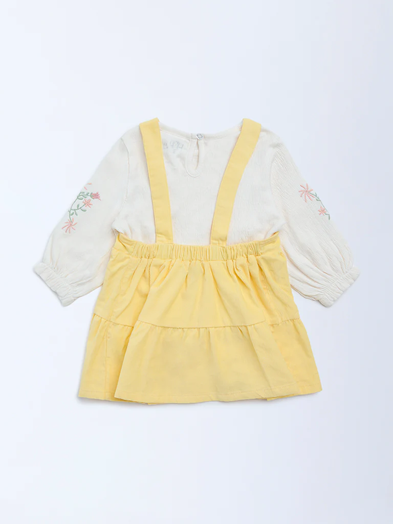 HOP Baby Girls Yellow Cotton Pinafore and Top Set - Image 3