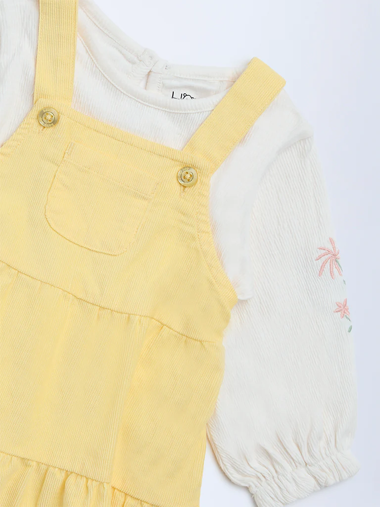 HOP Baby Girls Yellow Cotton Pinafore and Top Set - Image 4