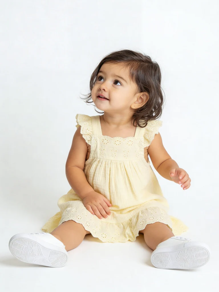 HOP Baby Girls Yellow Crinkle-Textured A-Line Cotton Dress