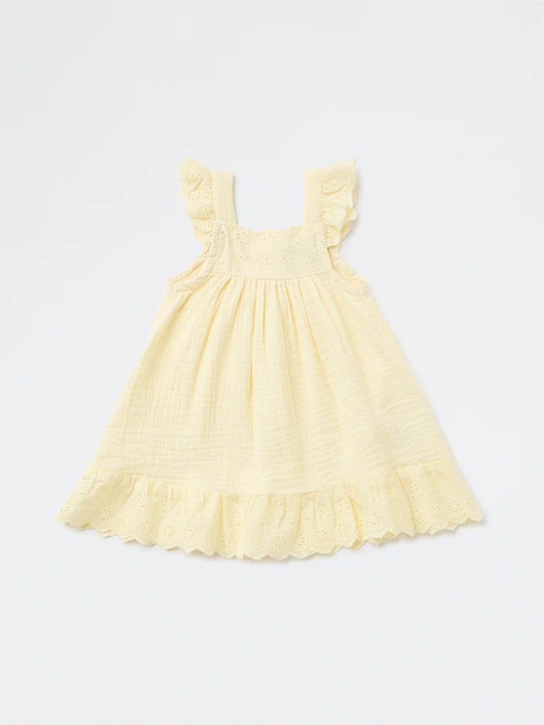 HOP Baby Girls Yellow Crinkle-Textured A-Line Cotton Dress - Image 2