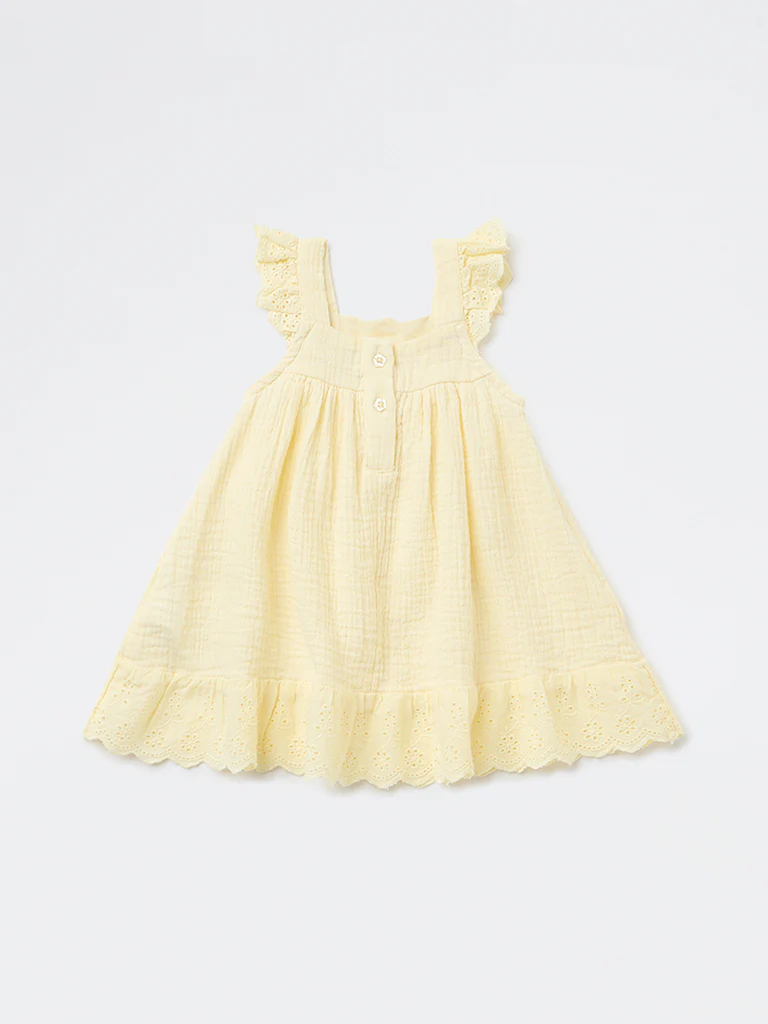 HOP Baby Girls Yellow Crinkle-Textured A-Line Cotton Dress - Image 3