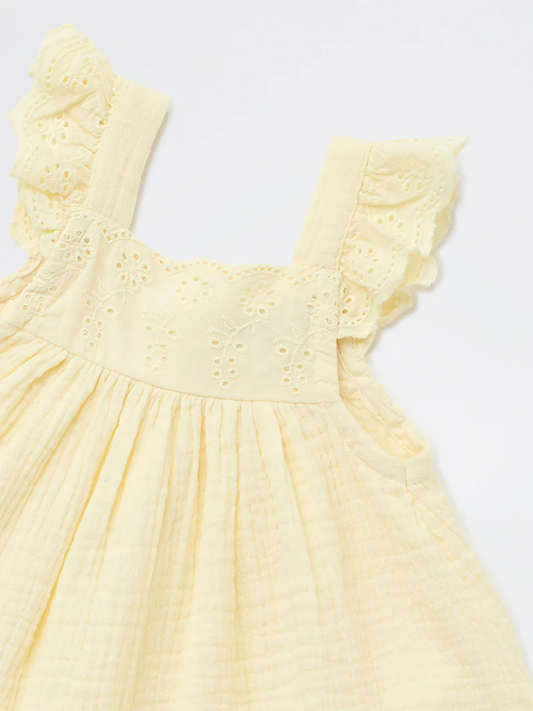 HOP Baby Girls Yellow Crinkle-Textured A-Line Cotton Dress - Image 4