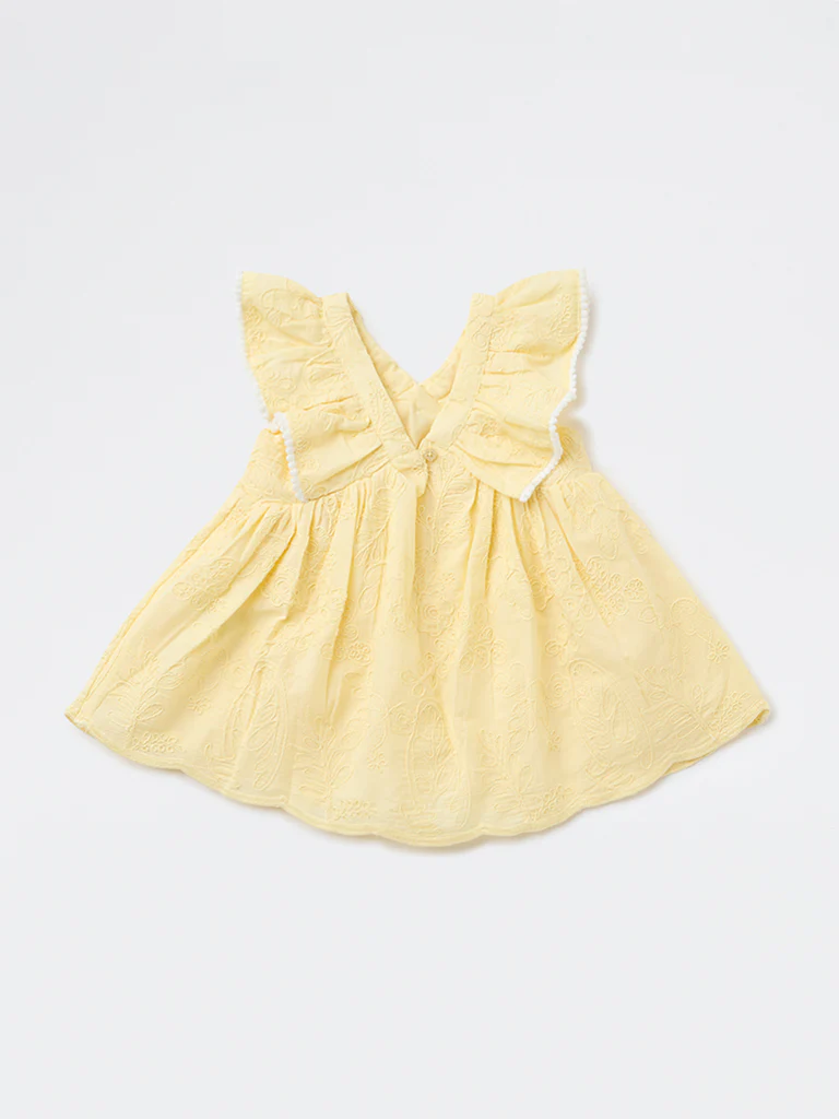 HOP Baby Girls Yellow Embroidered A-Line Cotton Dress - Image 3
