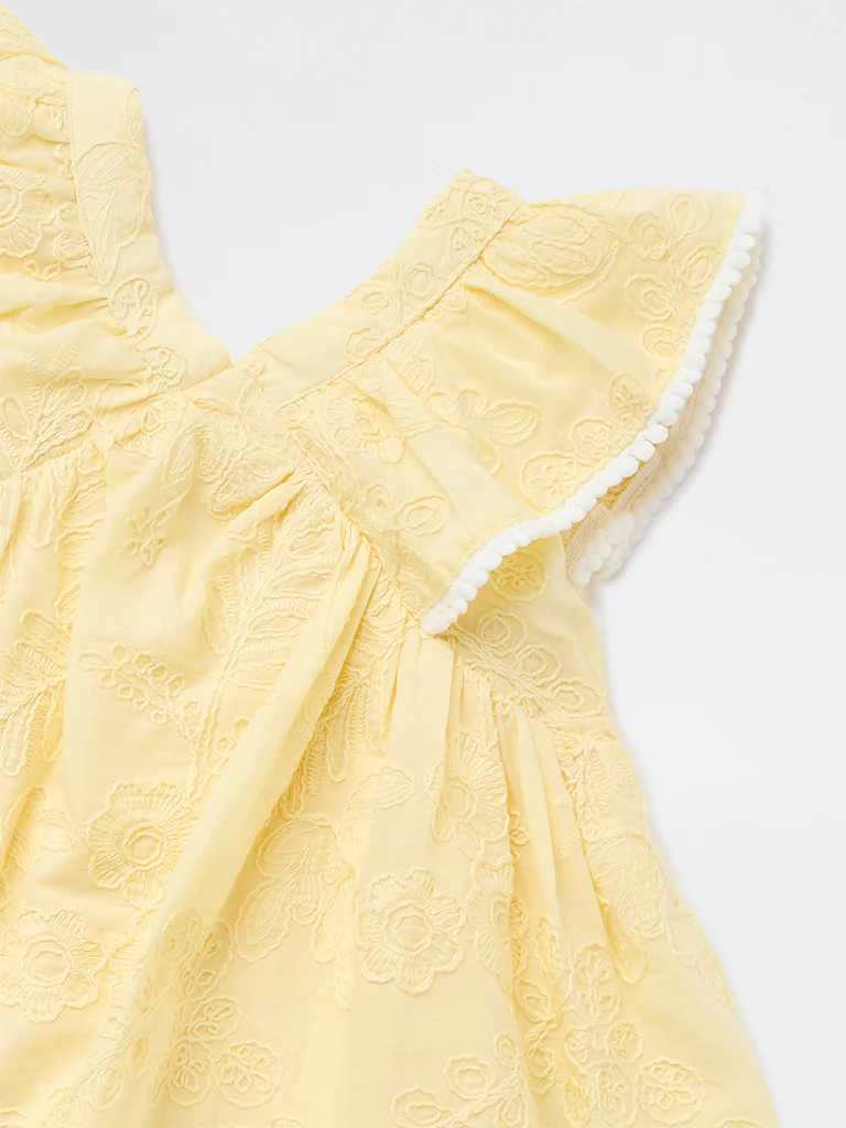 HOP Baby Girls Yellow Embroidered A-Line Cotton Dress - Image 4