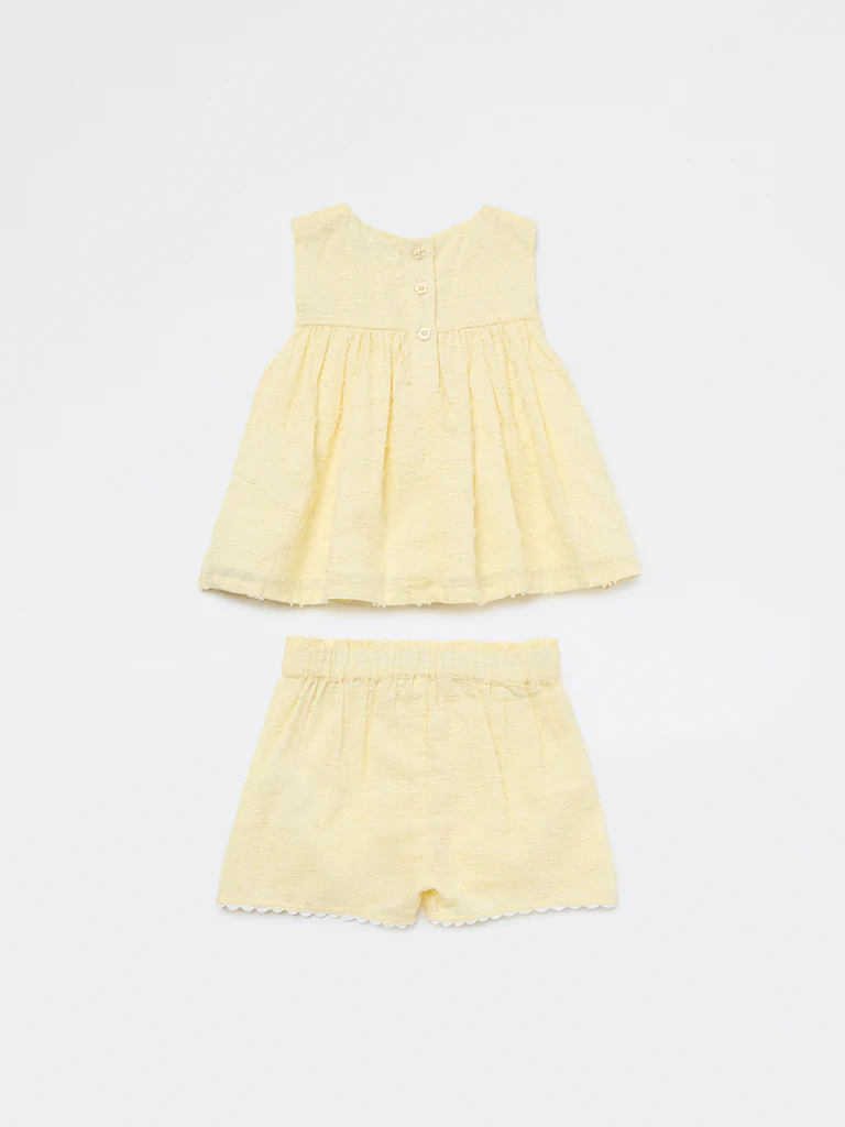 HOP Baby Girls Yellow Floral Embroidered Cotton Top and Shorts Set - Image 3