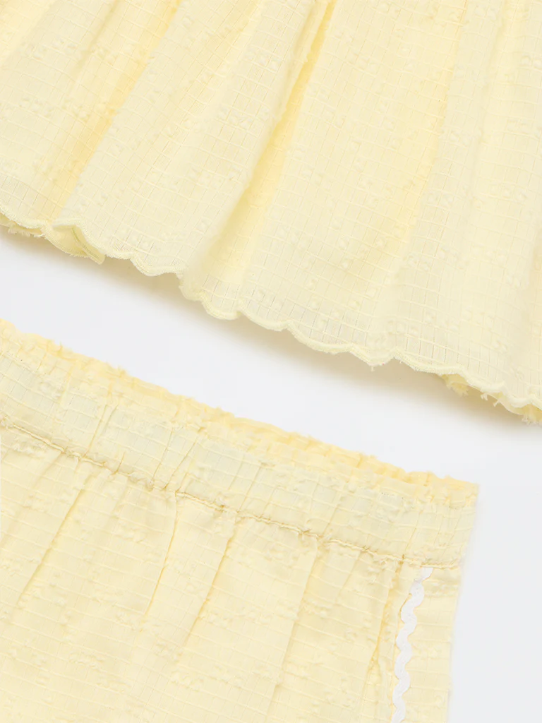 HOP Baby Girls Yellow Floral Embroidered Cotton Top and Shorts Set - Image 4