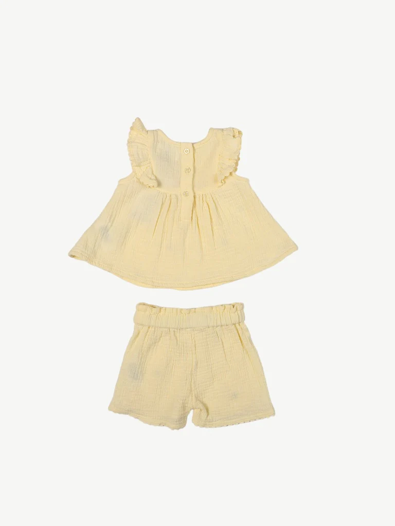 HOP Baby Girls Yellow Floral Embroidered Cotton Top and Shorts Set - Image 3