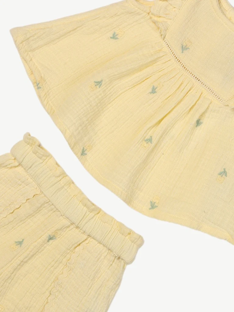 HOP Baby Girls Yellow Floral Embroidered Cotton Top and Shorts Set - Image 4