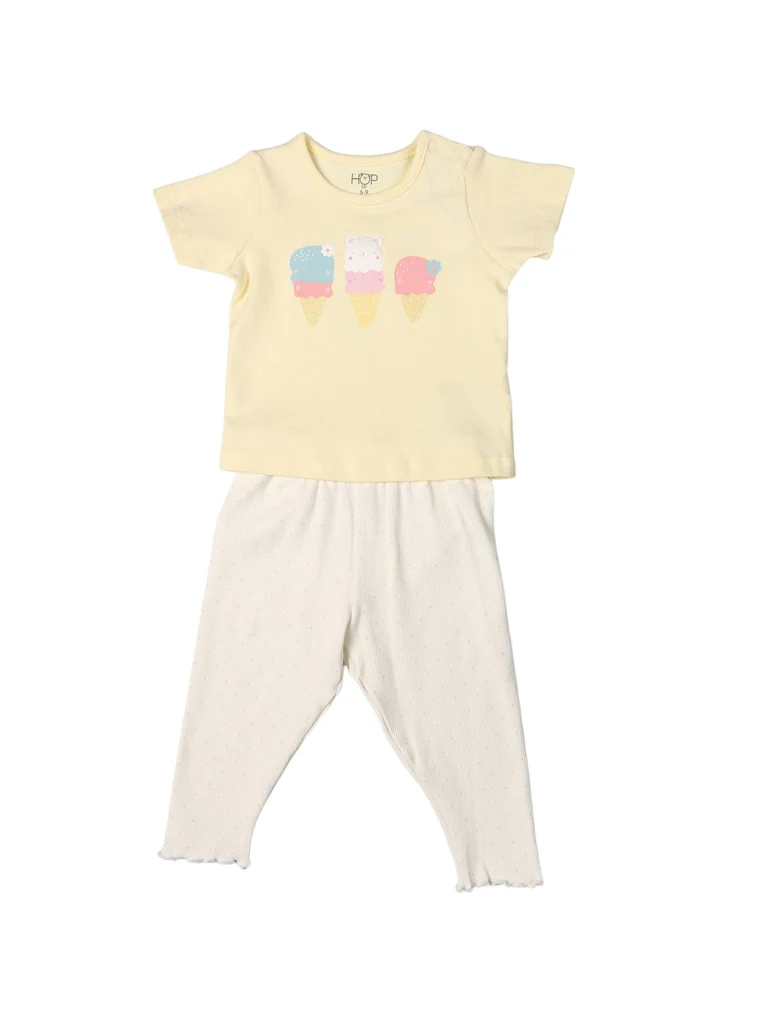 HOP Baby Girls Yellow Printed Cotton T-Shirt and Pants Set - Exclusive - Image 3