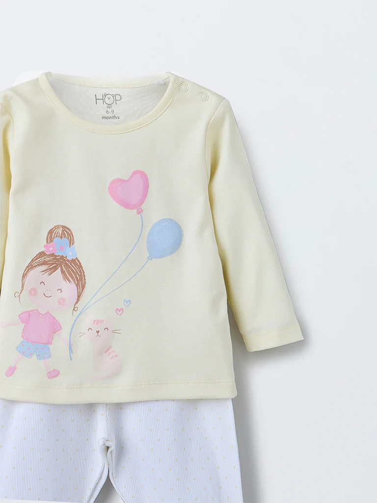 HOP Baby Girls Yellow Printed Cotton T-Shirt with Pants Set - Image 4