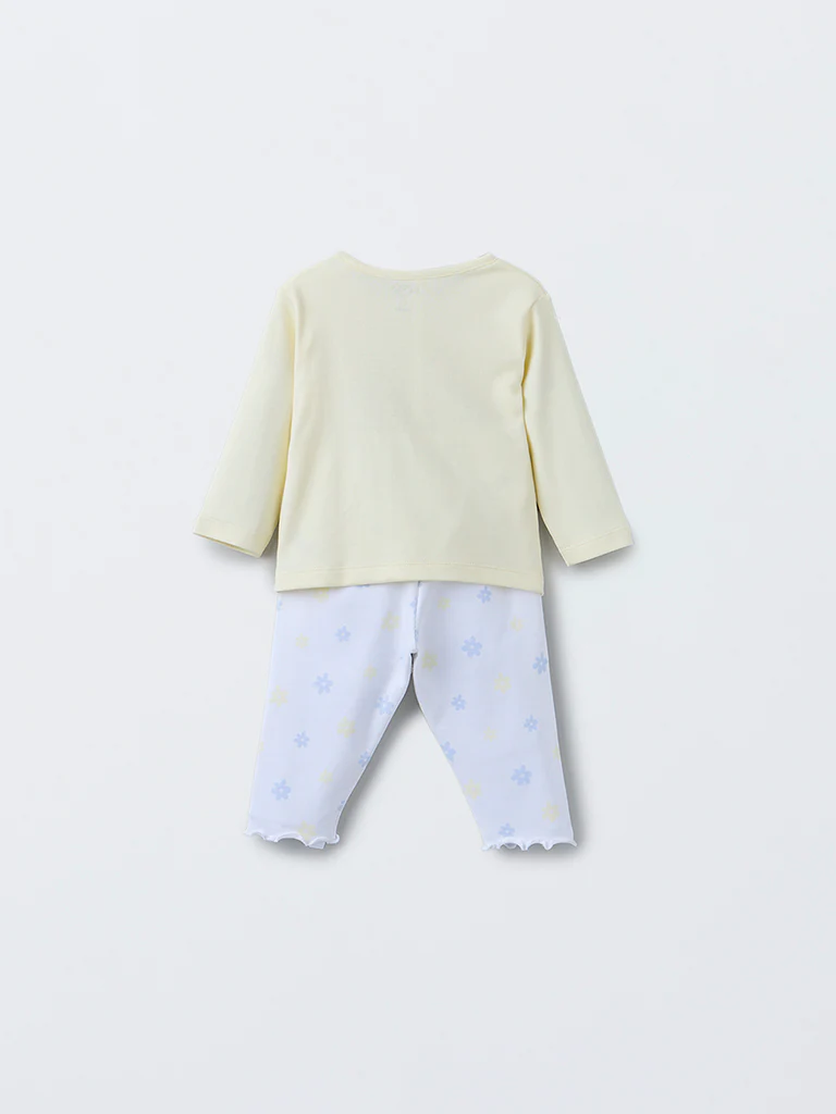 HOP Baby Girls Yellow Printed Cotton T-Shirt with Pants Set - Image 3