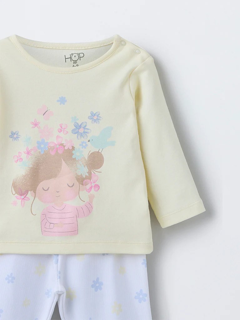 HOP Baby Girls Yellow Printed Cotton T-Shirt with Pants Set - Image 4