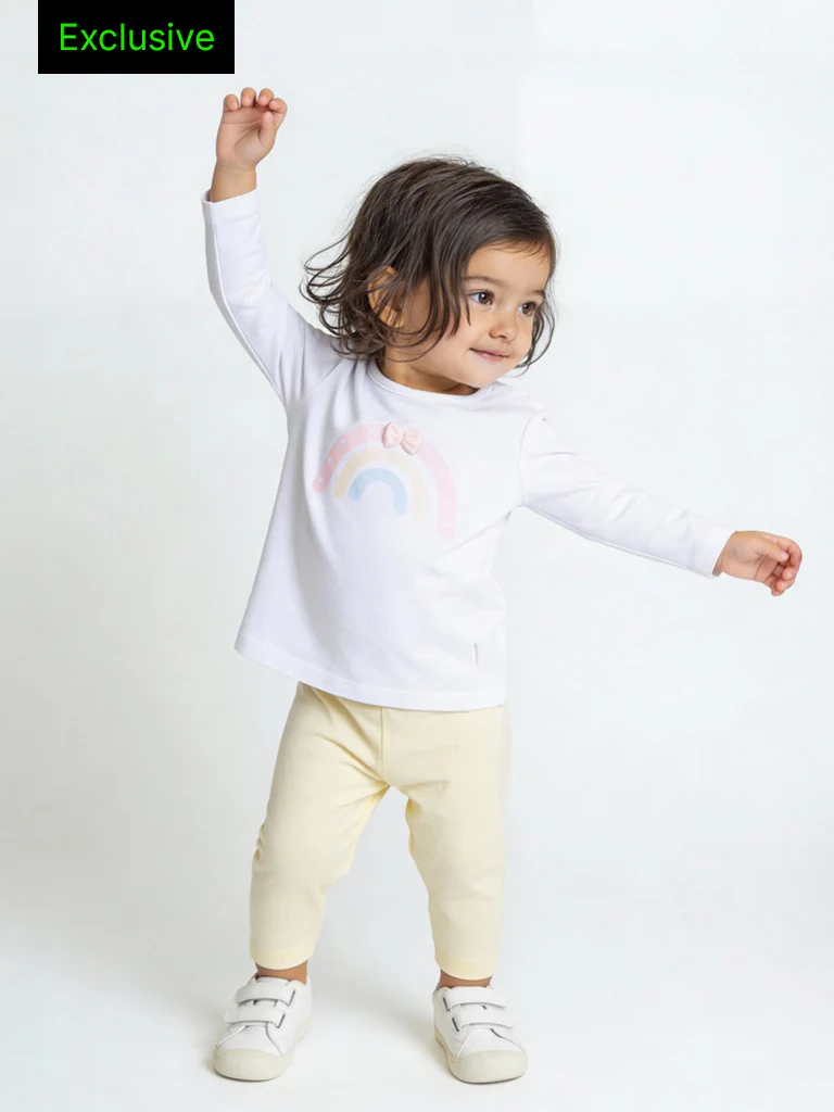 HOP Baby Girls Yellow Rainbow Printed Cotton-Blend T-Shirt and Pant Set - Exclusive