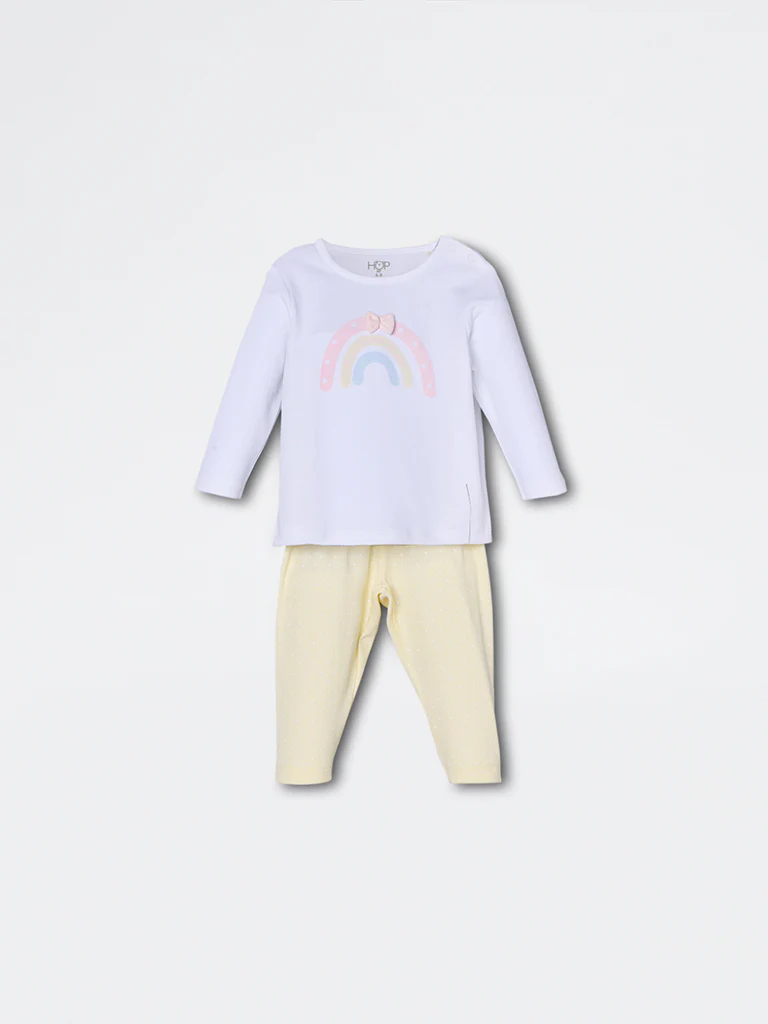 HOP Baby Girls Yellow Rainbow Printed Cotton-Blend T-Shirt and Pant Set - Exclusive - Image 2