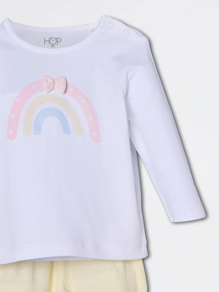 HOP Baby Girls Yellow Rainbow Printed Cotton-Blend T-Shirt and Pant Set - Exclusive - Image 4