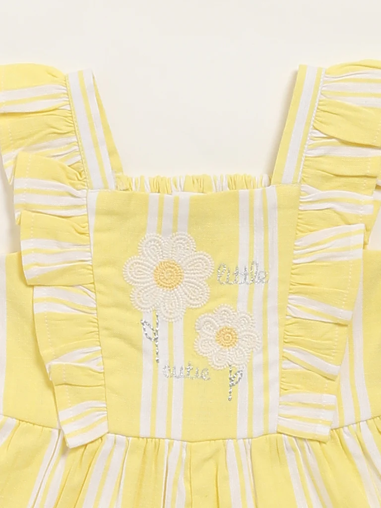 HOP Baby Girls Yellow Striped Cotton Jumpsuit - Image 3