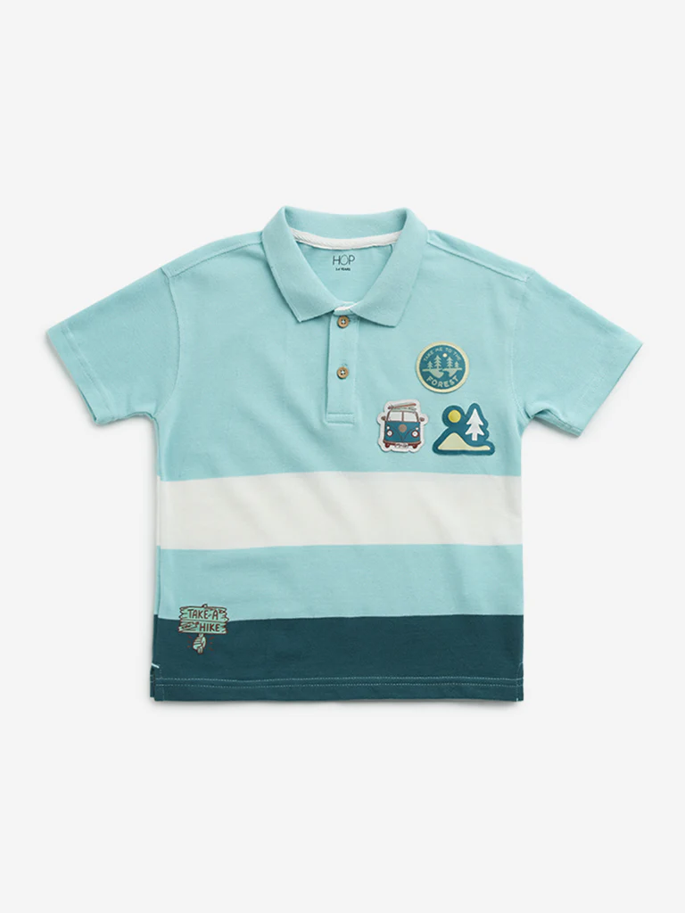 HOP Kids Boys Aqua Colour-Blocked Design Cotton Polo T-Shirt