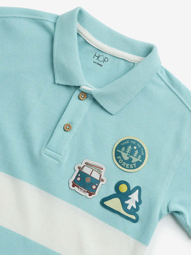 HOP Kids Boys Aqua Colour-Blocked Design Cotton Polo T-Shirt - Image 4