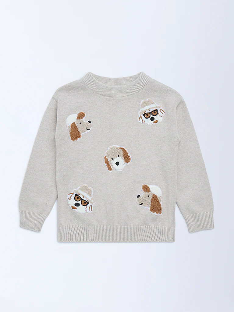 HOP Kids Boys Beige Animal Embroidered Cotton Sweater - Image 3