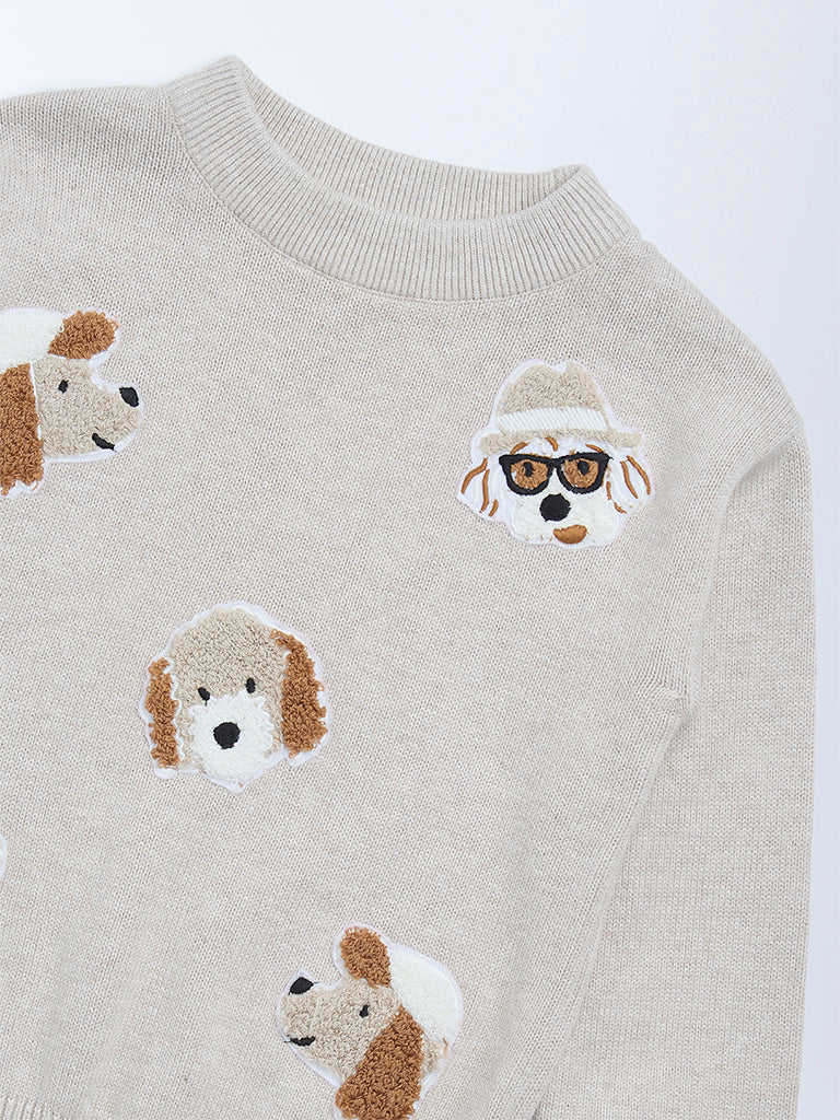 HOP Kids Boys Beige Animal Embroidered Cotton Sweater - Image 5
