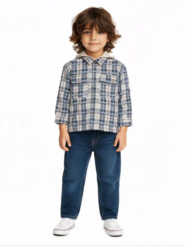 HOP Kids Boys Beige Checks Pattern Hooded Cotton Shirt