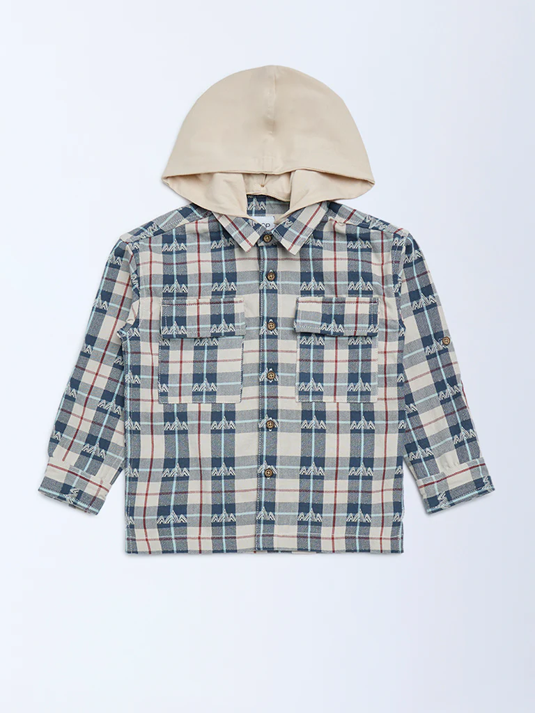 HOP Kids Boys Beige Checks Pattern Hooded Cotton Shirt - Image 2