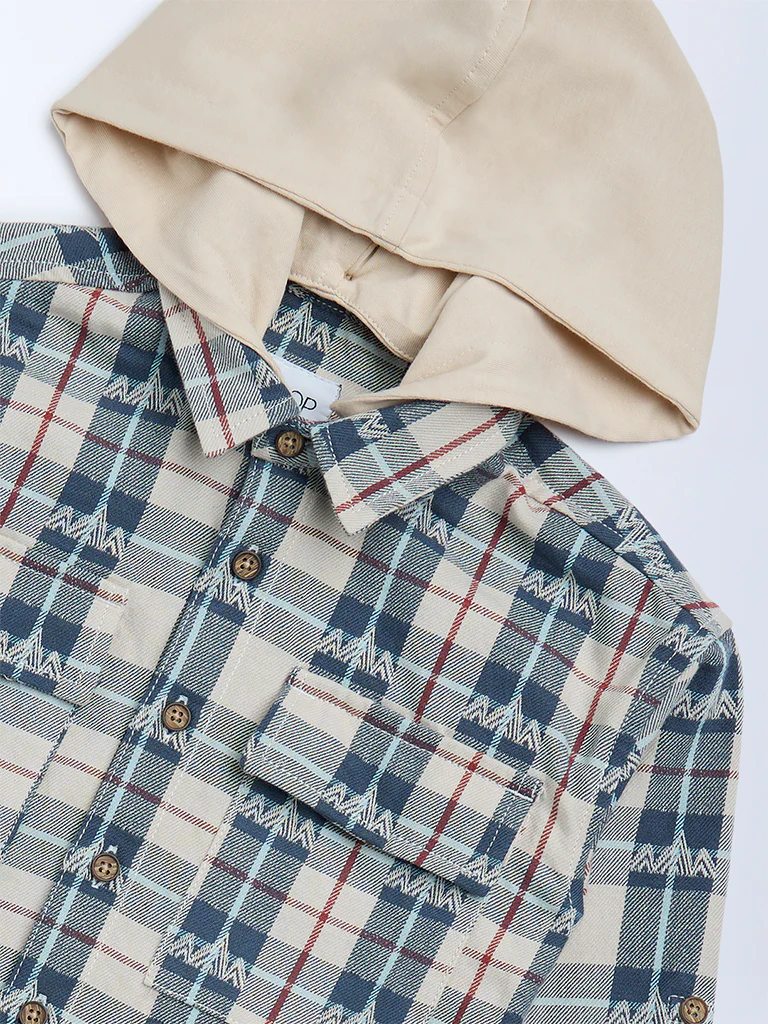 HOP Kids Boys Beige Checks Pattern Hooded Cotton Shirt - Image 4
