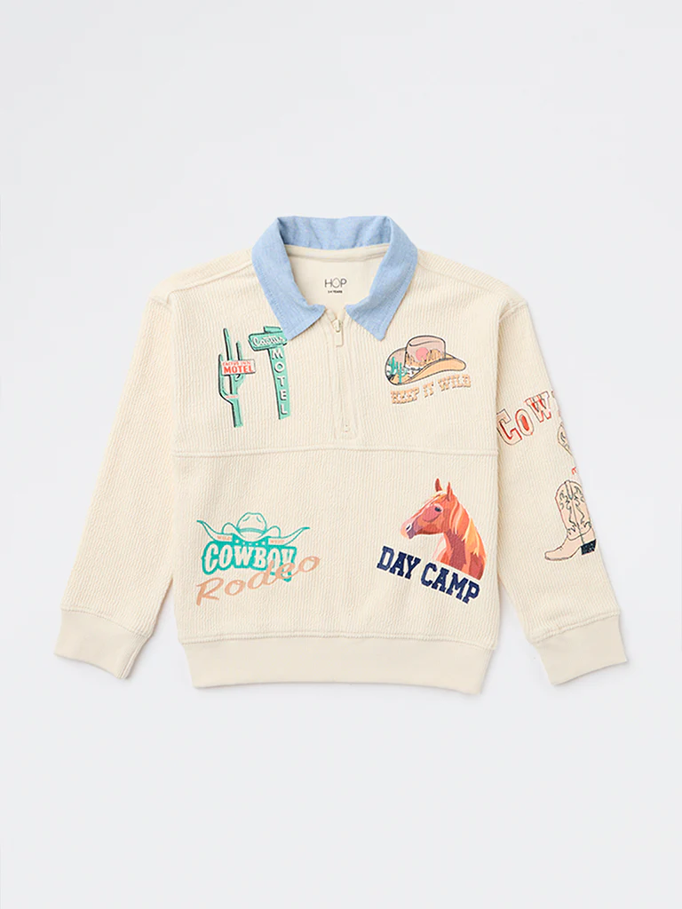 HOP Kids Boys Beige Cowboy Themed Cotton Sweatshirt - Image 3