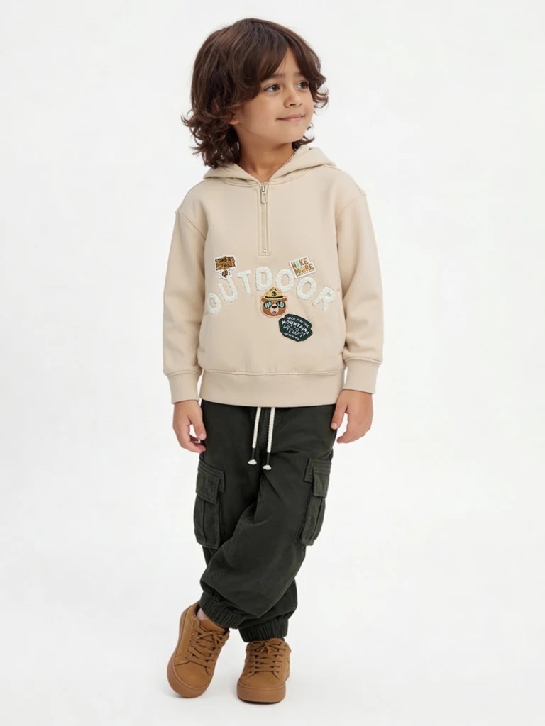 HOP Kids Boys Beige Embroidered Hooded Cotton-Blend Sweatshirt