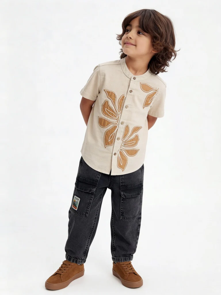 HOP Kids Boys Beige Floral Embroidered Cotton-Blend Shirt