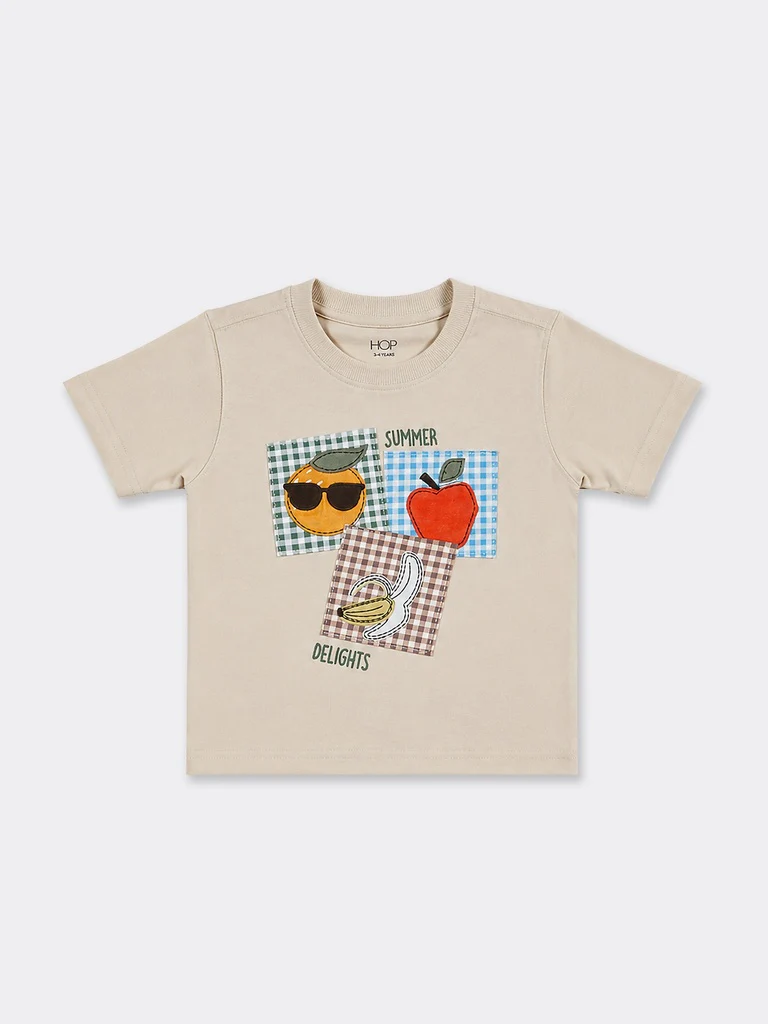 HOP Kids Boys Beige Fruit Patch Cotton T-Shirt - Image 3