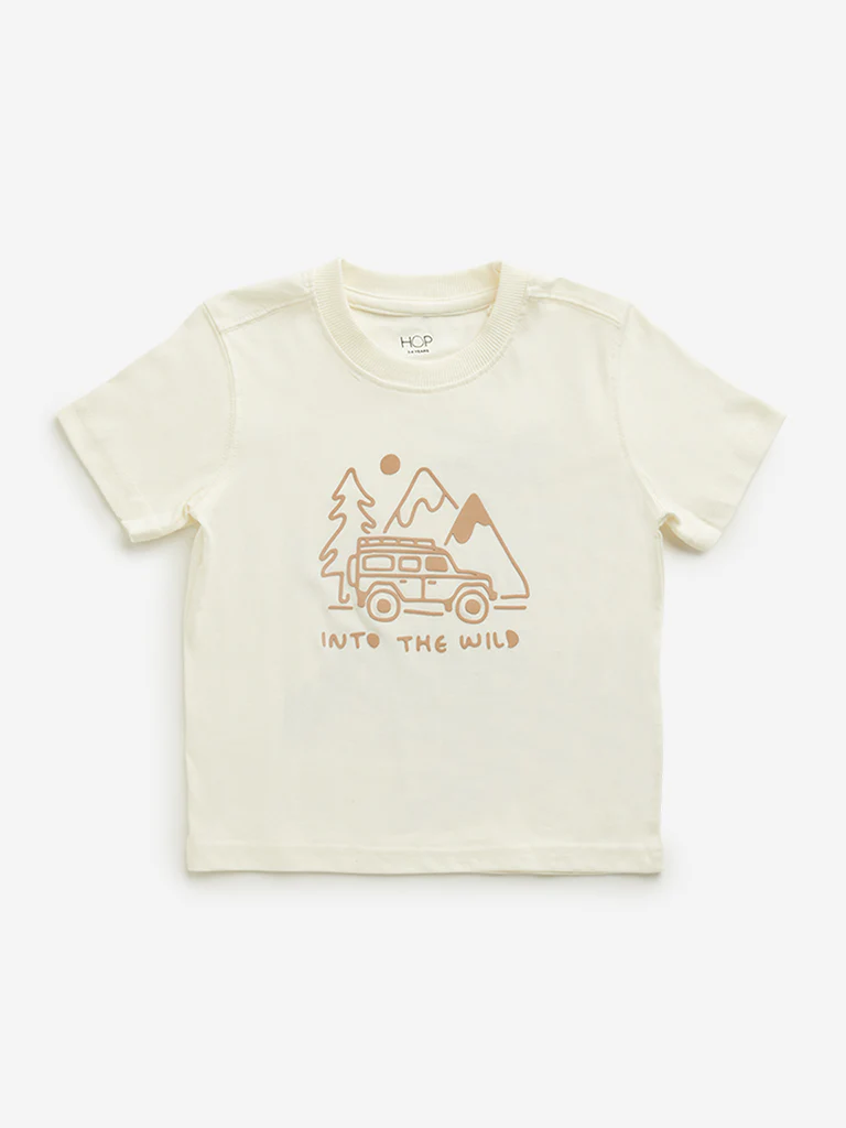 HOP Kids Boys Beige Graphic Printed Cotton T-Shirt
