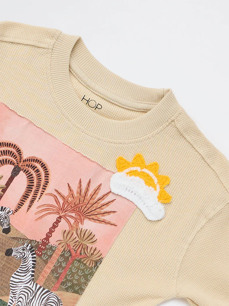 HOP Kids Boys Beige Graphic Printed Cotton T-Shirt - Image 6