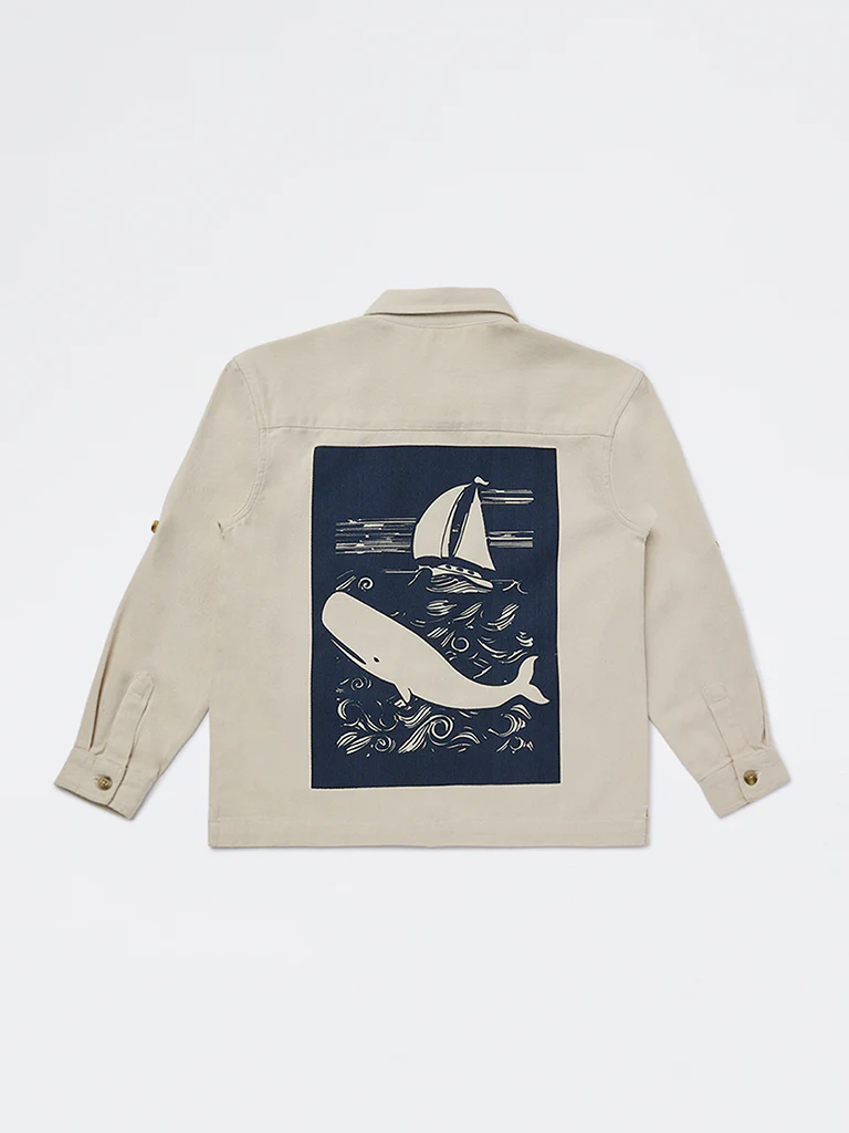 HOP Kids Boys Beige Graphic Printed Denim Shirt - Image 4