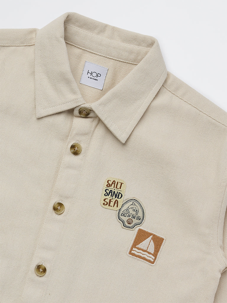 HOP Kids Boys Beige Graphic Printed Denim Shirt - Image 5