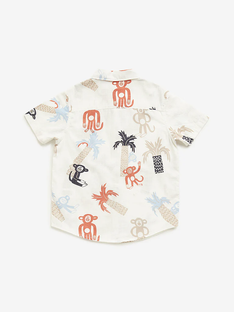 HOP Kids Boys Beige Monkey Printed Cotton Shirt - Image 2