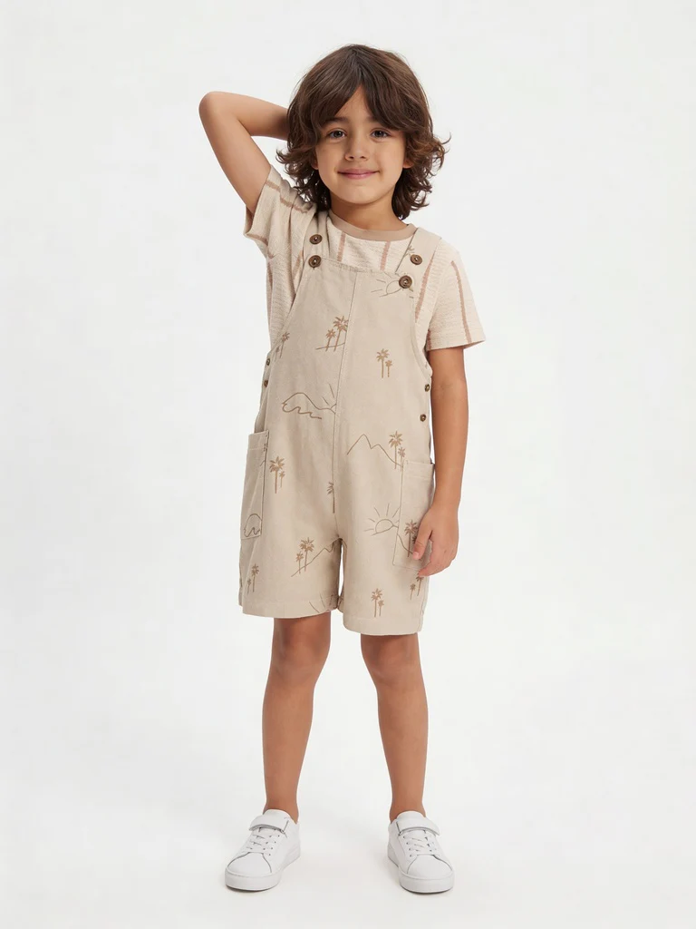 HOP Kids Boys Beige Printed Cotton Dungaree and T-Shirt Set