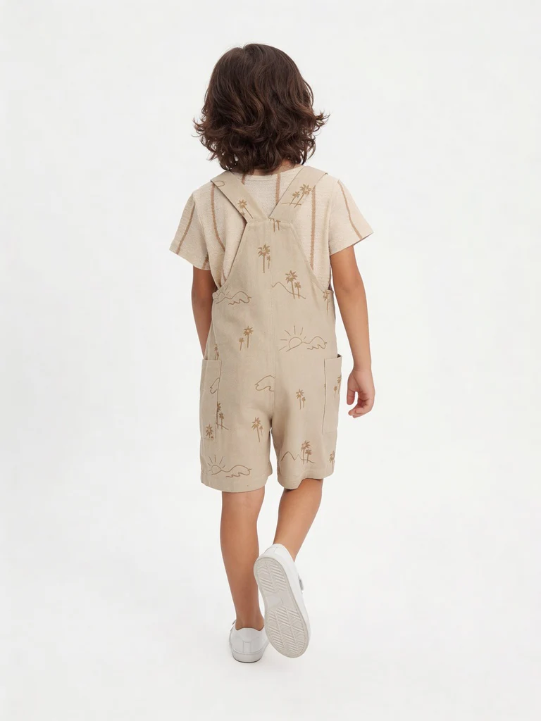 HOP Kids Boys Beige Printed Cotton Dungaree and T-Shirt Set - Image 2