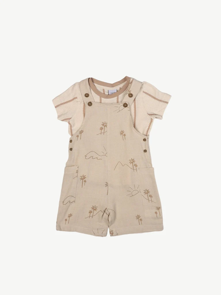 HOP Kids Boys Beige Printed Cotton Dungaree and T-Shirt Set - Image 3