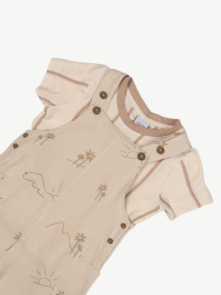 HOP Kids Boys Beige Printed Cotton Dungaree and T-Shirt Set - Image 4