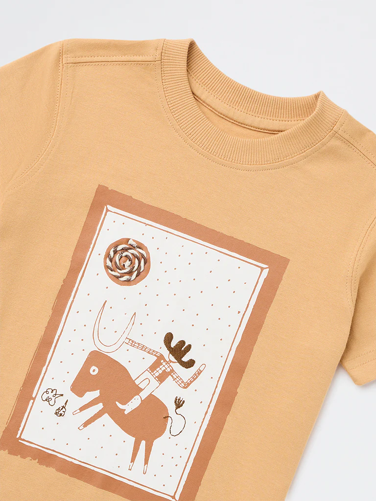 HOP Kids Boys Beige Printed Cotton T-Shirt - Image 5