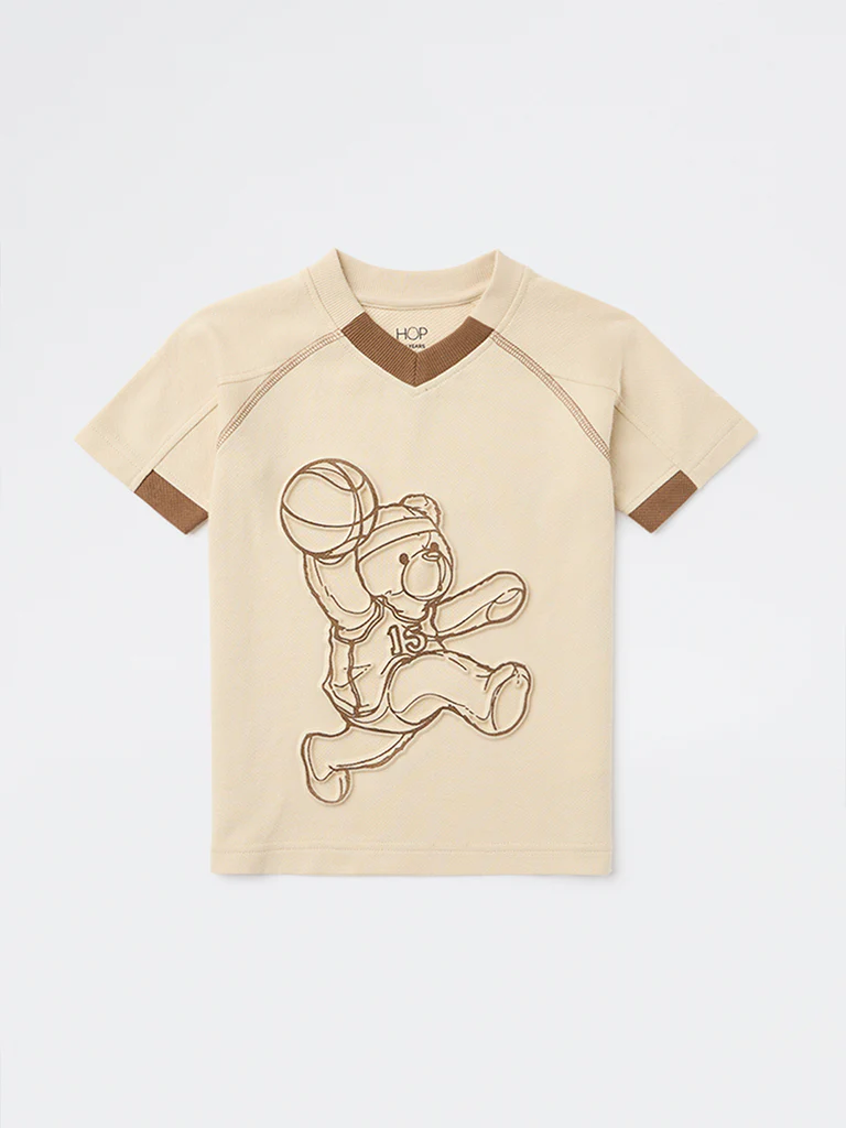 HOP Kids Boys Beige Printed Cotton T-Shirt - Image 4