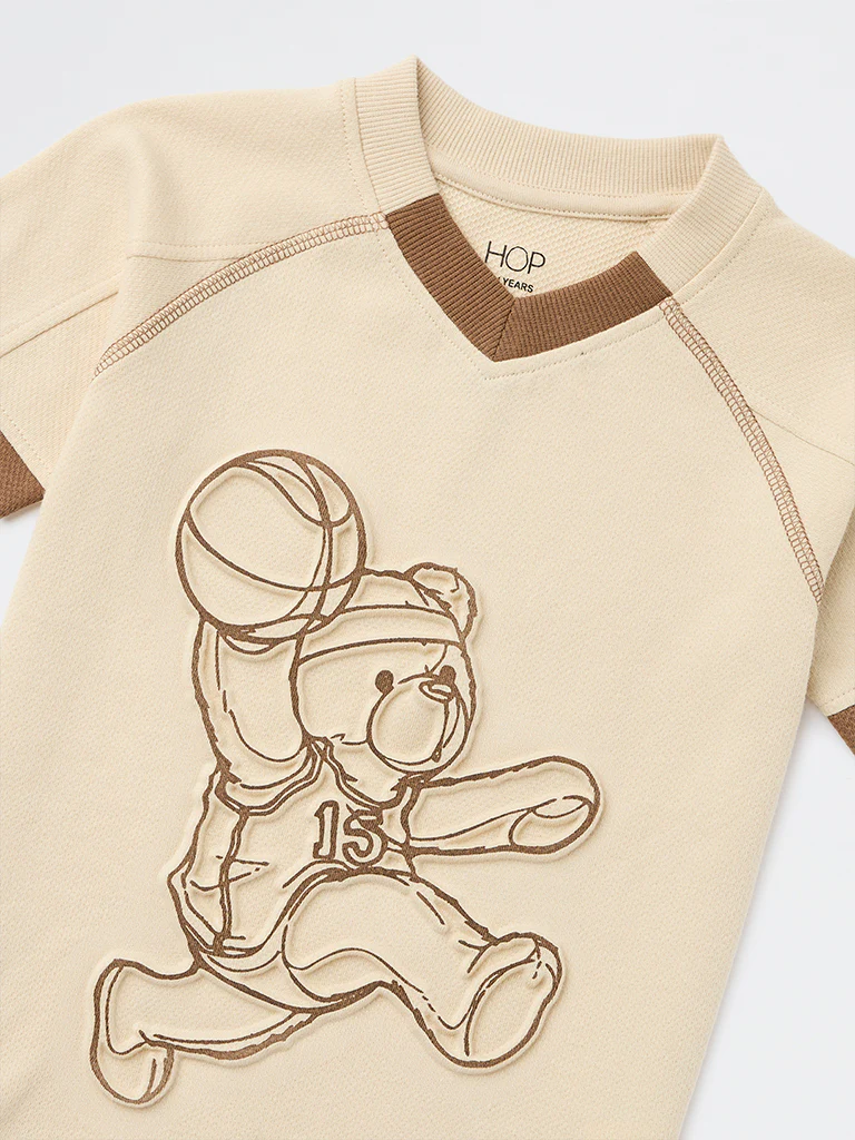 HOP Kids Boys Beige Printed Cotton T-Shirt - Image 6